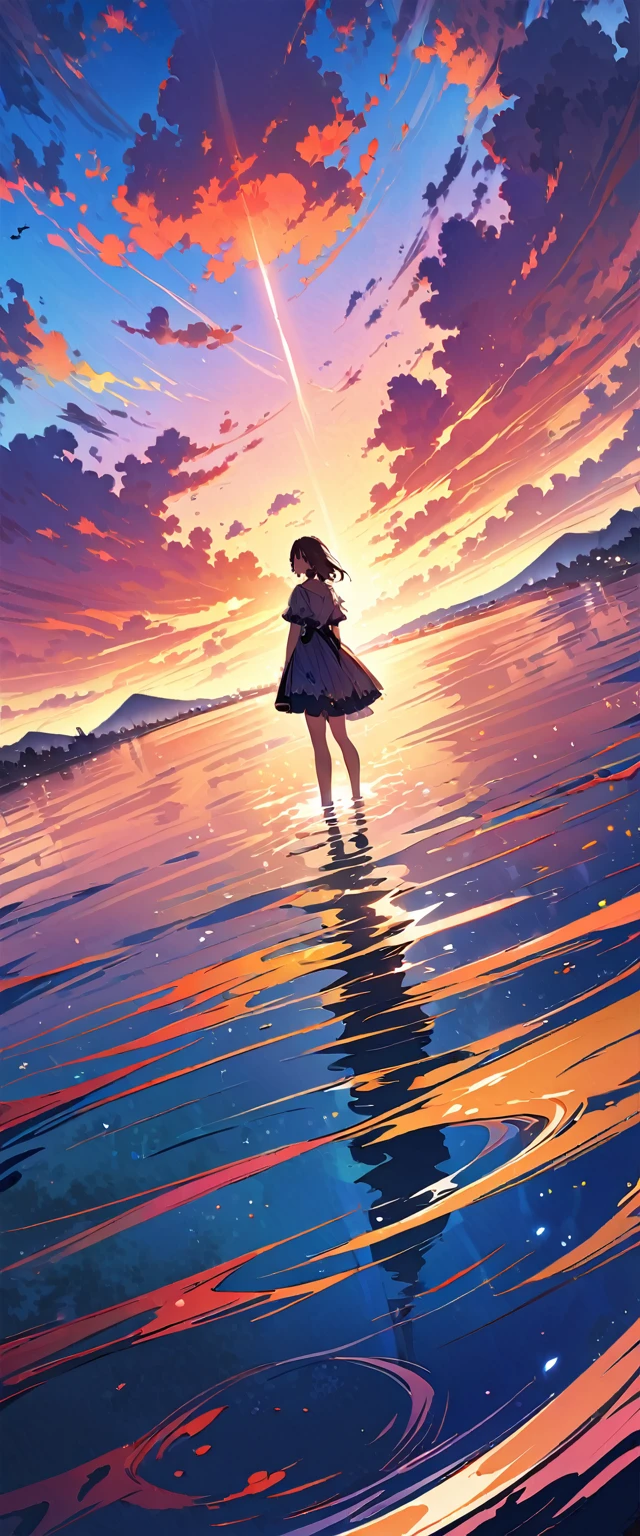 Official Art, Unified 8k wallpaper, Very detailed, masterpiece, Best image quality,Ultra Wide Angle,evening,woman,Standing in the pond,The water is like a mirror,Reflecting the sky。Looking up at the sky,Colorful sunset,Dynamic Angle, Grace, Bright colors,