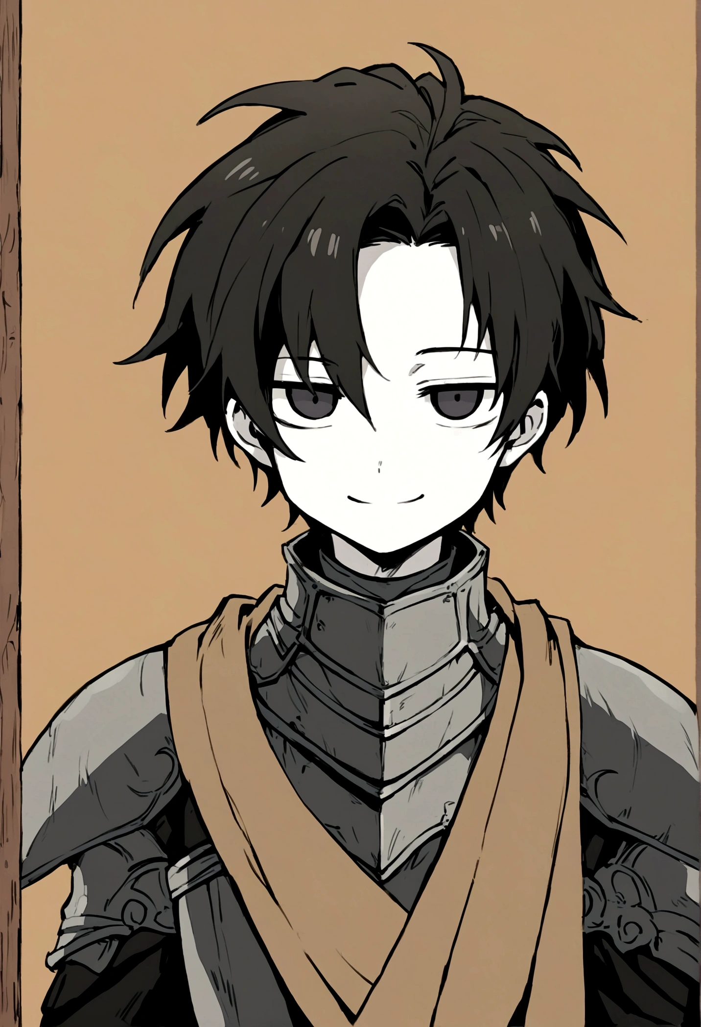 Anime drawing style of an adorable effeminate boy with slightly long and messy all-black hair, pale skin and black eyes, who wears gray armor with brown cloth and has an innocent smile even though he is missing an eye.