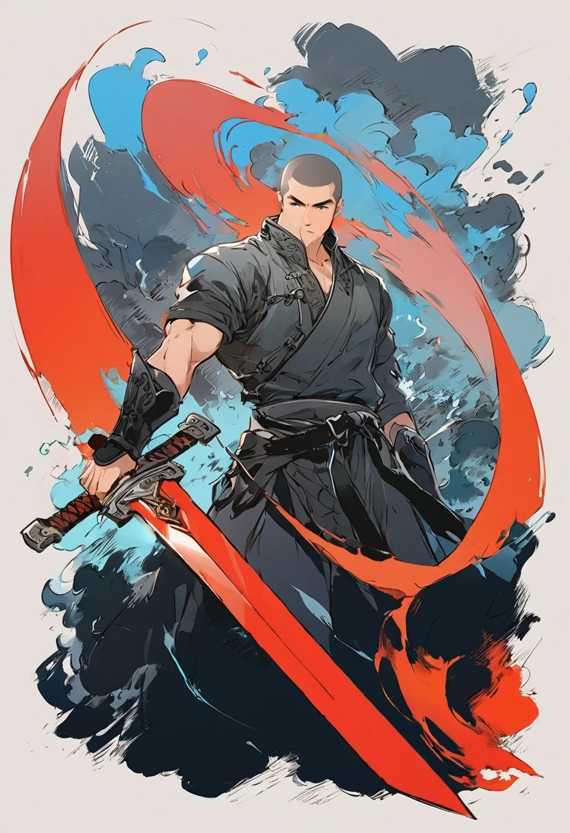 Chinese swordsman，Male swordsman，muscular，short hair，Buzz Cut，Handsome，Simple lines，Abstract Art，Holding a red long sword，