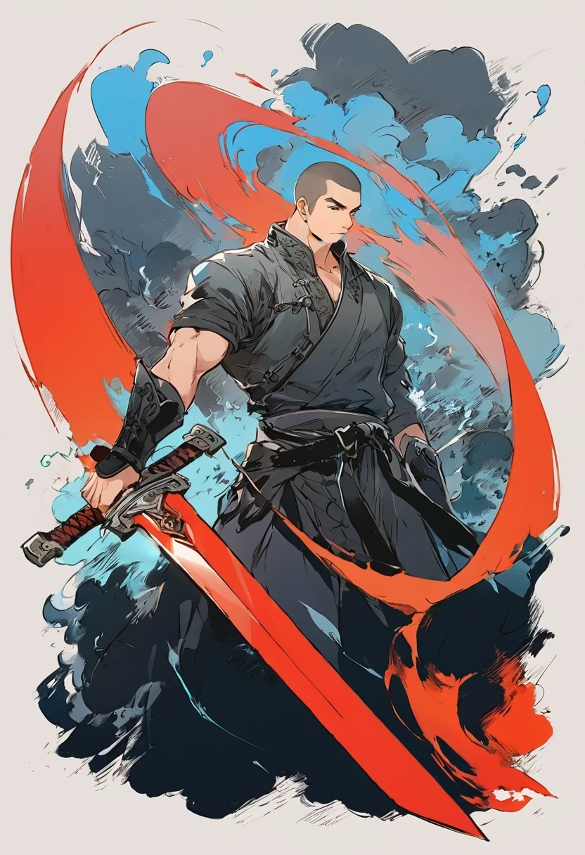 Chinese swordsman，Male swordsman，muscular，short hair，Buzz Cut，Handsome，Simple lines，Abstract Art，Holding a red long sword，