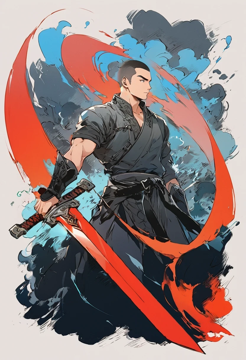 Chinese swordsman，Male swordsman，muscular，short hair，Buzz Cut，Handsome，Simple lines，Abstract Art，Holding a red long sword，