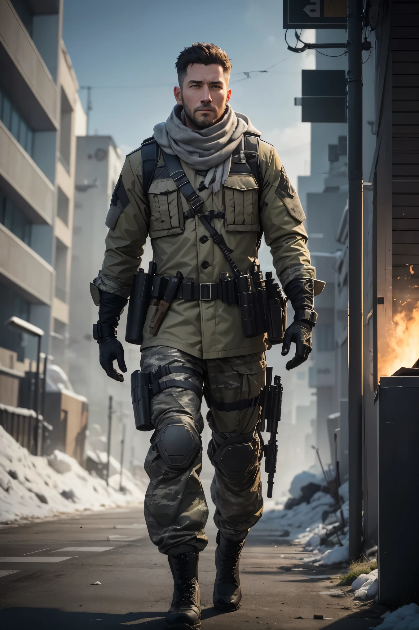 1 man, 35-year old, character of the game Cal of Duty Modern Warfire, wearing light grey jacket, (camouflage white scarf), armored vest, black half-gloves, sneaky, unshaved, (free hands:1,2), (full length:1.3), warzone