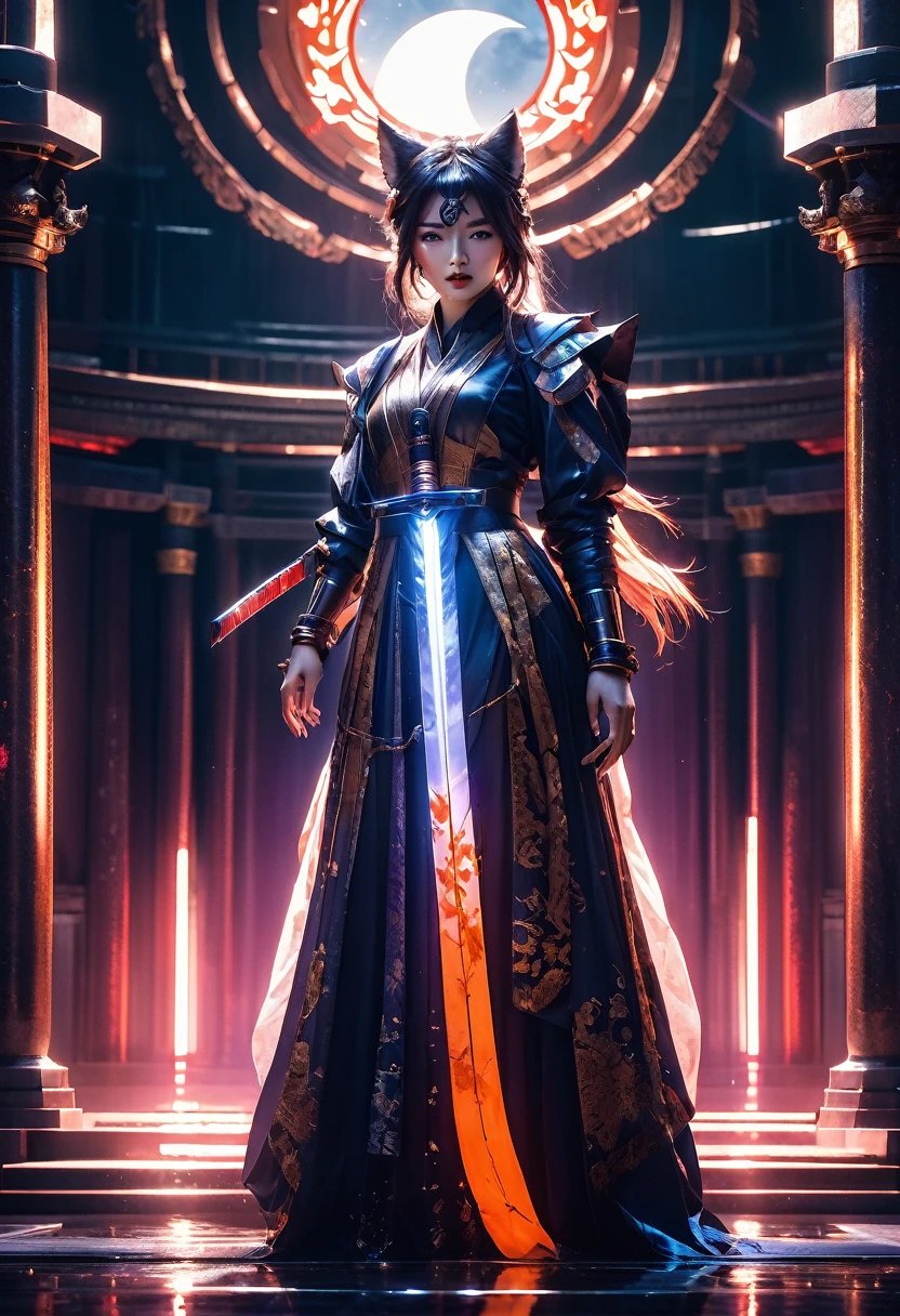 Cinematic shot of a stylish Korean girl in modern fox cosplay, wielding a luminous moon sword at a contemporary temple. Dramatic shadows accentuate her fierce pose, while soft moonlight bathes the scene. Intricate costume details blend traditional and futuristic elements. Neon accents contrast with muted temple tones, creating a cyberpunk-meets-folklore aesthetic. Captured in high-resolution with moody, atmospheric lighting reminiscent of cinematographer Roger Deakins.