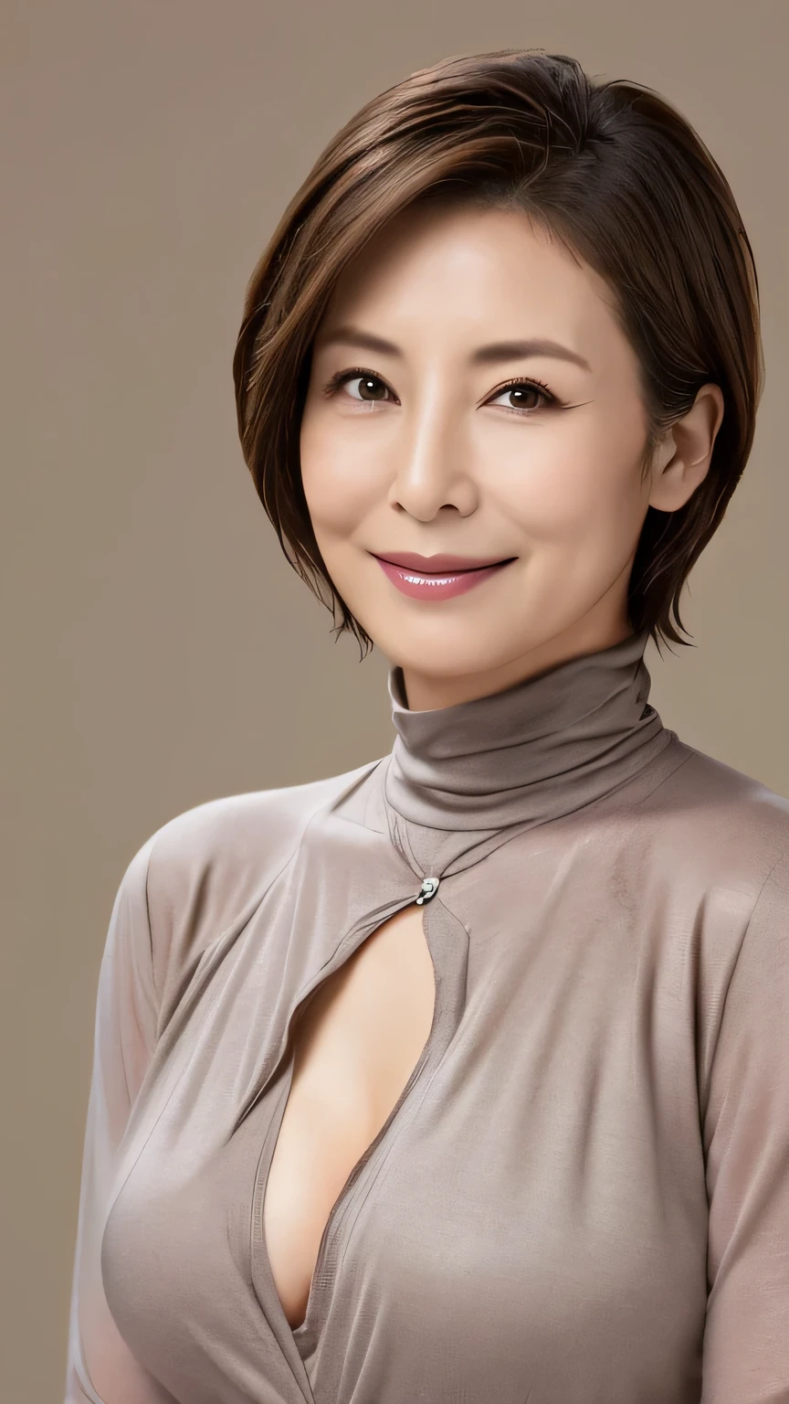 (Highest quality,8K,masterpiece),Mature Japanese Woman,sexy,Age 35,ash brown short hair,((Big Breasts))turtleneck、smile、gray plain background、Surreal、View photographer、Fine wrinkles on the skin、Emphasize the chest、Natural Makeup、Chest、、lingerie