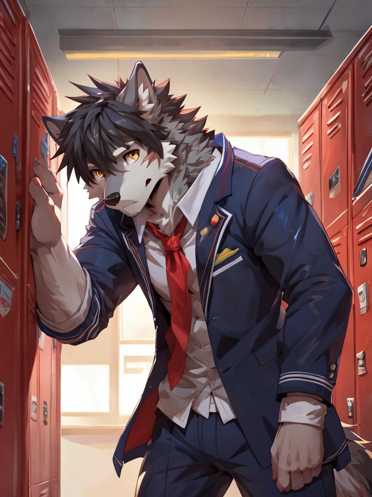 embedding:Gray wolf,Golden Eyes,Single Person,a scar on the face.Gray fur,no hair,High school students,male school uniform,Scratch head,Standing by the school locker,Nervous,Male.Thin,Handsome,Smart,Nervous,Best quality hands, best quality eye,detailed fur,Delicate eyes.Extreme picture quality,by sollyz,by zixiong,by null_ghost