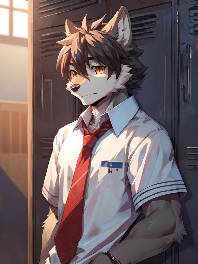 embedding:Gray wolf,Golden Eyes,Single Person,a scar on the face.Gray fur,no hair,High school students,male school uniform,Scratch head,Standing by the school locker,Nervous,Male.Thin,Handsome,Smart,Nervous,Best quality hands, best quality eye,detailed fur,Delicate eyes.Extreme picture quality,by sollyz,by zixiong,by null_ghost