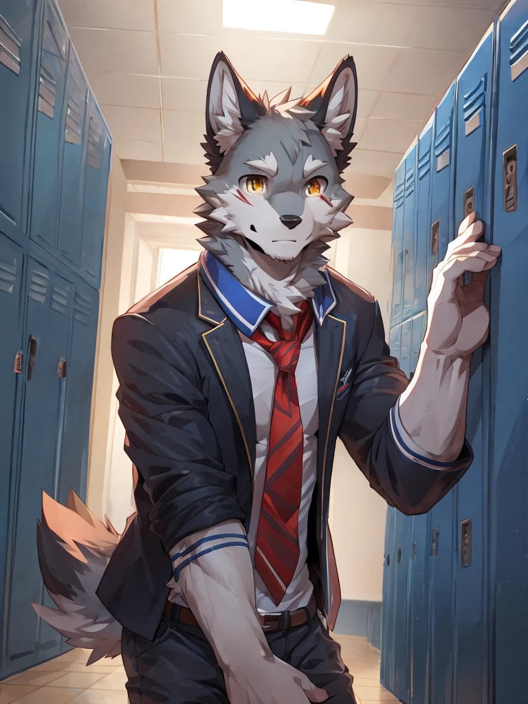 embedding:Gray wolf,Golden Eyes,Single Person,a scar on the face.Gray fur,High school students,school uniform,Scratch head,Standing by the school locker,Nervous,With his school uniform jacket in his hand,Male.Handsome,Smart,Best quality hands, best quality eye,detailed fur,Delicate eyes.Extreme picture quality,by sollyz,by zixiong,by null_ghost