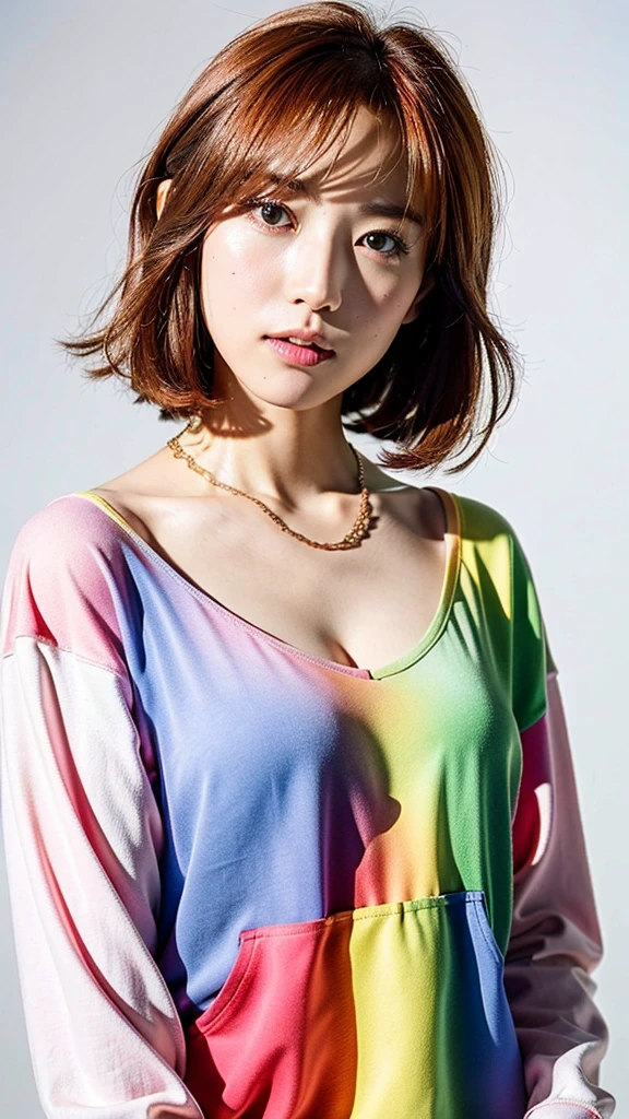(Highest quality, 8K, 32k, masterpiece, Ultra-high resolution:1.2),Beautiful Japanese Women Photos, Rainbow clothes、Rainbow hoodie、Large Breasts, Very short bob hair,Red hair, necklace, Simple Background, From above, View your viewers,Red Hair、White background、