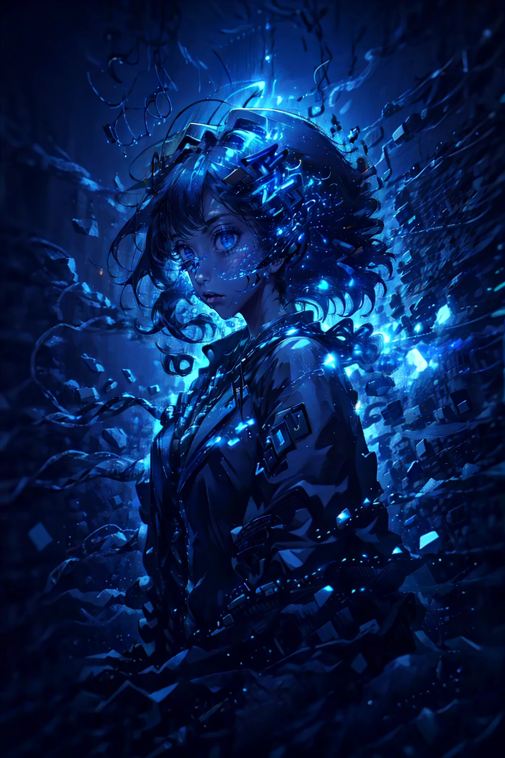 1girl,cute,bigbreast,upper body,headphone,cool,music,flow note,Electric,lightning, brilliant