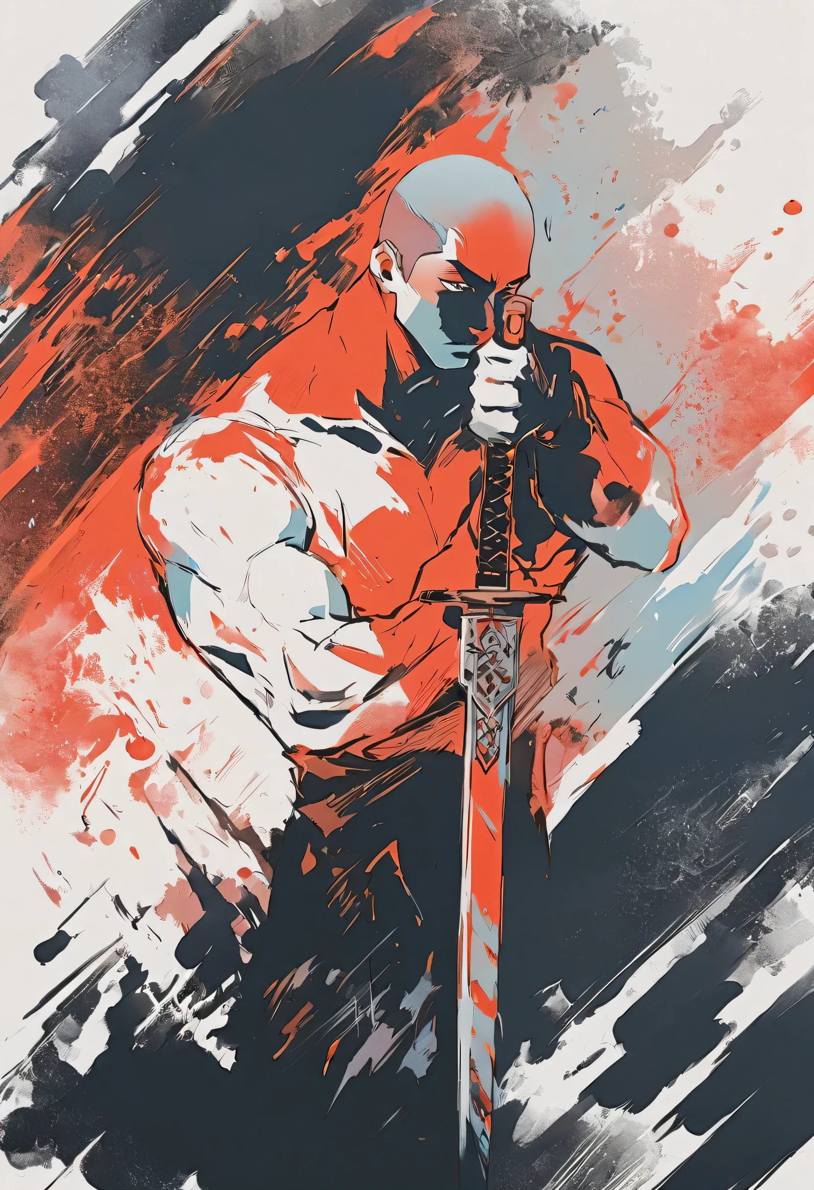 Chinese swordsman,Male swordsman,muscular,short hair,Buzz Cut,Handsome,Simple lines,Abstract Art,Holding a red long sword,