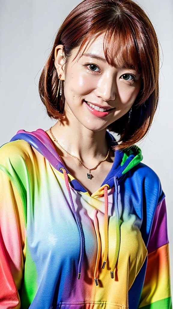(Highest quality, 8K, 32k, masterpiece, Ultra-high resolution:1.2),Beautiful Japanese Women Photos, Rainbow clothes、Rainbow hoodie、Large Breasts, Very short bob hair,Red hair, necklace, Simple Background, From above, View your viewers,Red Hair、White background、smile、Rainbow hair color