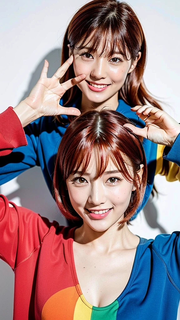(Highest quality, 8K, 32k, masterpiece, Ultra-high resolution:1.2),Beautiful Japanese Women Photos, Rainbow clothes、Rainbow hoodie、Large Breasts, Very short bob hair,Red hair, necklace, Simple Background, From above, View your viewers,Red Hair、White background、smile、Rainbow hair color