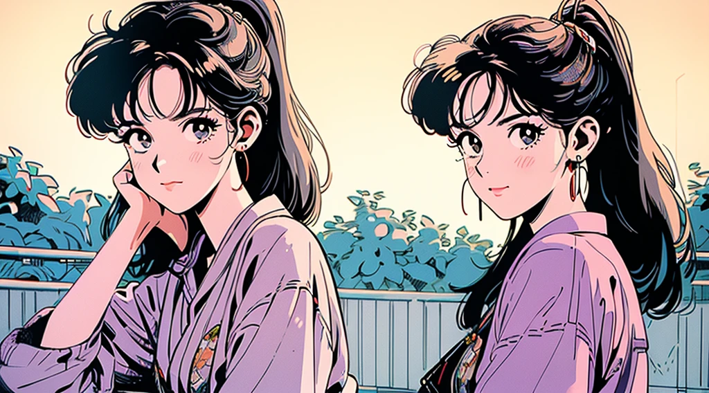 An absurd solution, High resolution, (masterpiece: 1.4), Very detailed, (((Detailed face, Detailed Expression)), One Girl,Girl, friend, best friend, relax, ponytail, Bob, headphone, The background is a food stall, yukata, fun, smile, the 90s, Kyoto Animation, Kyoto Animation atmosphere, Sparkling, shine,City Pop,whole body,The woman is on the right