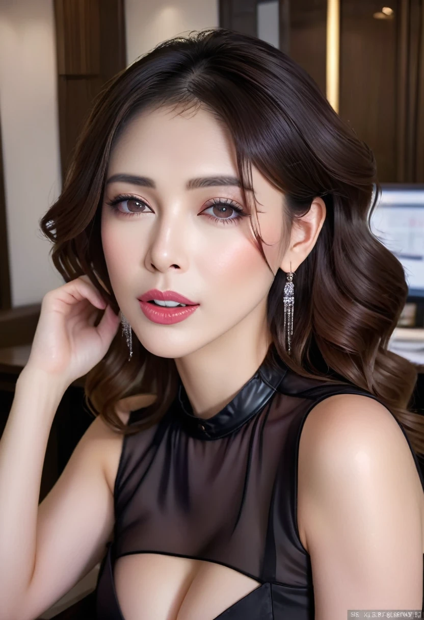 (masterpiece, best quality: 1.2), 1wavy hair secretary,Sexy eyes,Head close-up,Wet sexy lips,A lot of saliva ,earrings((Black business clothes))t、(((no bra))),(((See-through))),(((no bra))),(((See-through))),