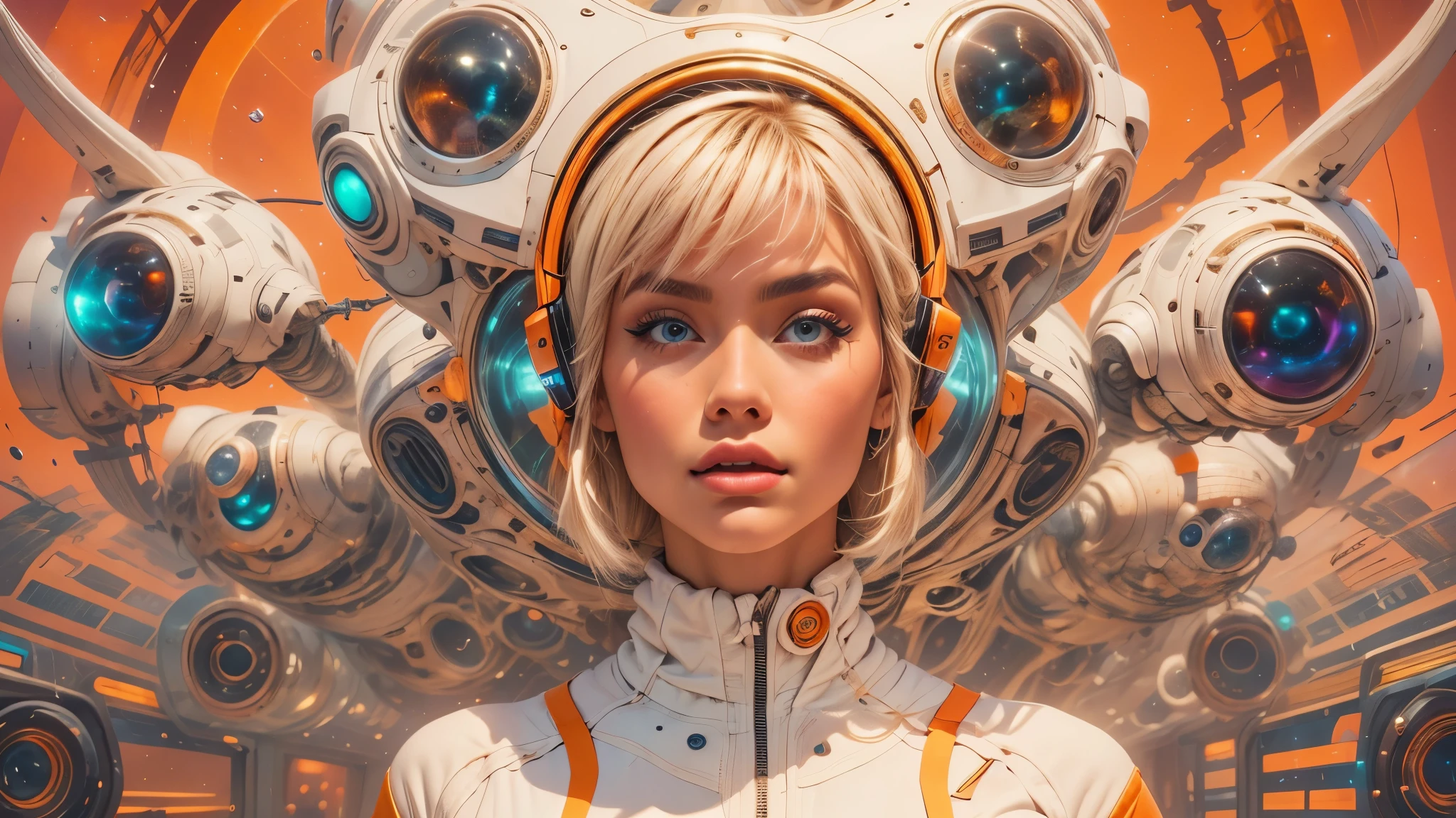 arafed image of a white woman in a futuristic suit with a spaceship in the background, movie art, in front of an orange background, inspired by Robert McGinnis, female protagonist, megastructure in the background, portrait of an ai astronaut, astronauts, an astronaut, portrait of a astronaut skeletor, perfect android girl, Highly Detailed Face and Skin Texture, Detailed Eyes, Double eyelids, perfectly detailed teeth, frank franzzeta and sakimichan  