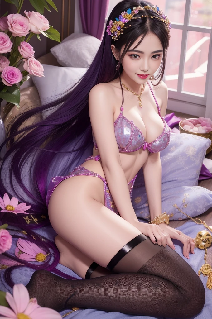 sexy Thai model who controls poison、beautiful smile、lip-gloss、bold lipstick、long lasheetallic makeup、look at the camera、full body Esbian、、sparkling poisoned flower costume、、、、sparkling Colorful hair、secrete poison、skull hair accessories、sexy tights、shiny sparkling flowers background