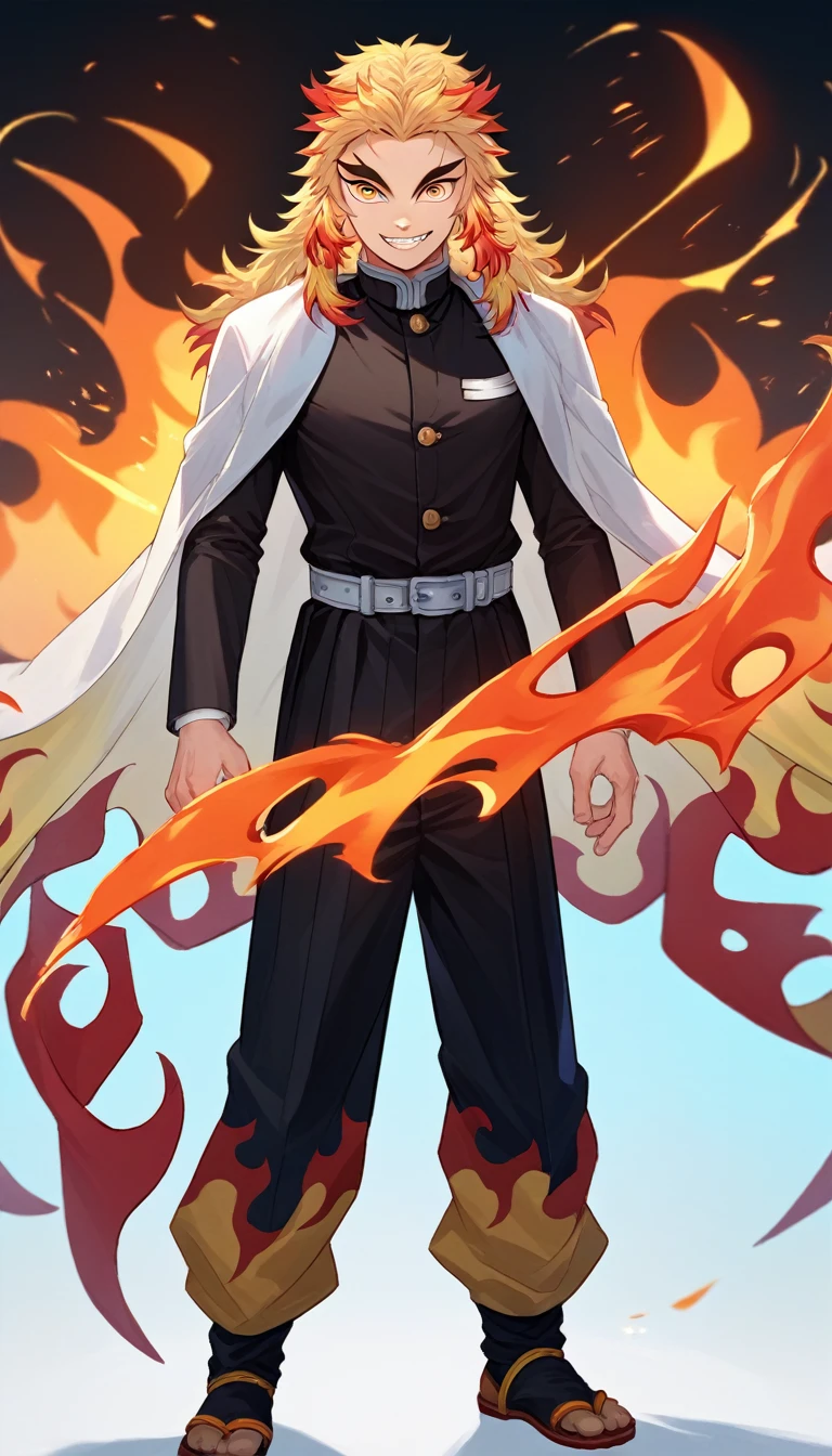 score_9, score_8_up, score_7_up, source_anime, solo, male focus, 1boy, rengoku kyojuro, grin, looking at viewer, forked eyebrows, demon slayer uniform, black jacket, long sleeves, white cape, black pants, belt, fire, full body, standing,idle