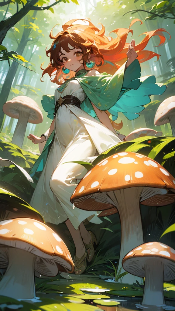 Nahida (masterpiece), (Highest quality), (Super detailed),(Disheveled Hair),(figure), (One girl), Beautiful fine details,Delicate and beautiful face,floating,(High saturation),(Colorful splashes),Colorful Bubbles,(The Shining),Focus on the face, Walking through a forest lush with colorful mushrooms