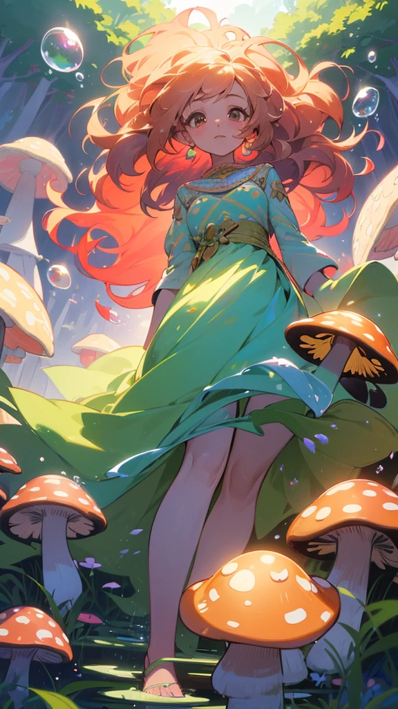 Nahida (masterpiece), (Highest quality), (Super detailed),(Disheveled Hair),(figure), (One girl), Beautiful fine details,Delicate and beautiful face,floating,(High saturation),(Colorful splashes),Colorful Bubbles,(The Shining),Focus on the face, Walking through a forest lush with colorful mushrooms
