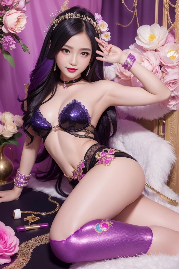 sexy Thai model who controls poison、beautiful smile、lip-gloss、bold lipstick、long lasheetallic makeup、look at the camera、full body Esbian、、sparkling poisoned flower costume、、、、sparkling Colorful hair、secrete poison、skull hair accessories、sexy tights、shiny sparkling flowers background