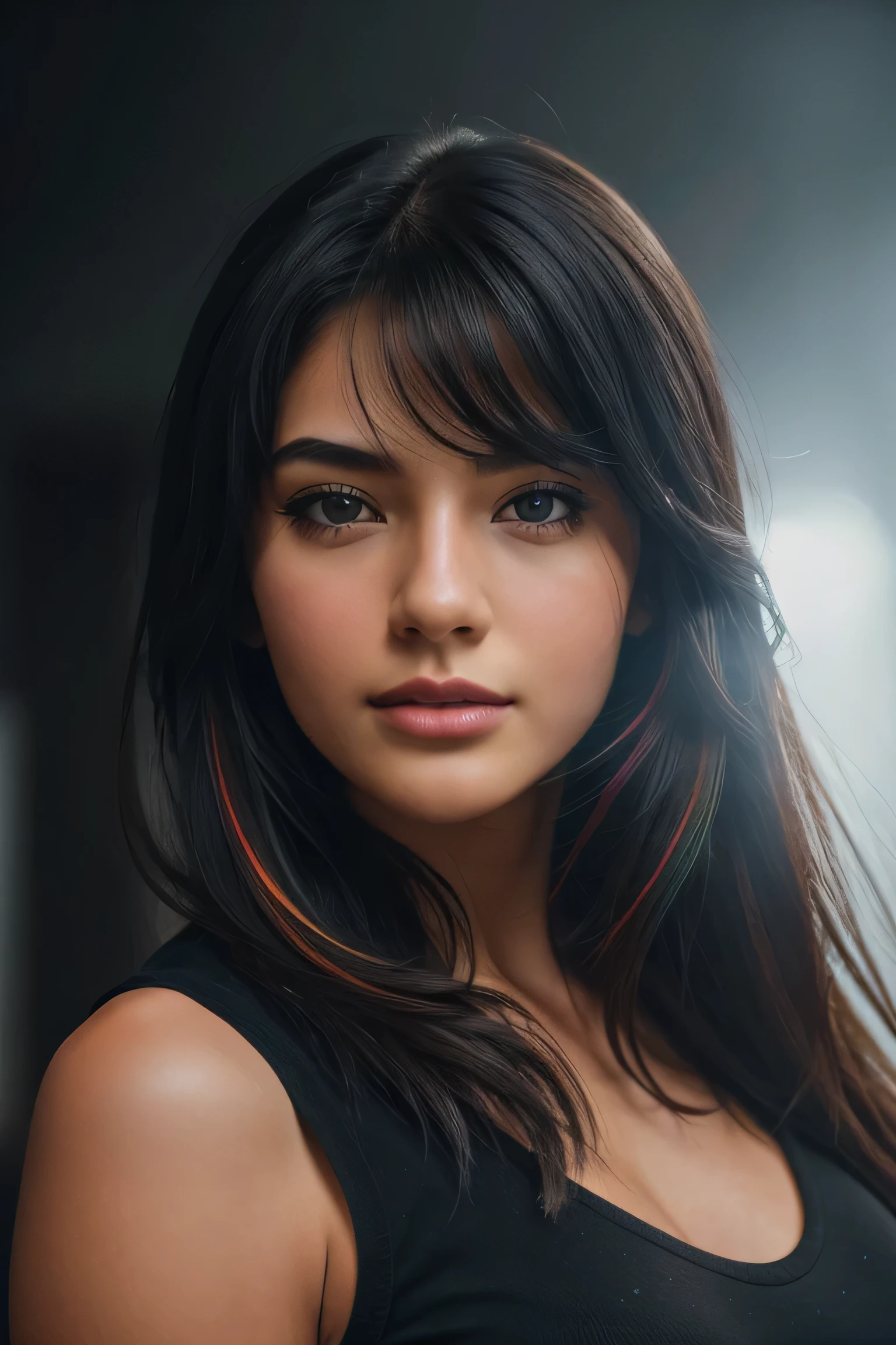1girl in, age19, Solo, long medium hair, Colossal , Looking at Viewer, black hair,sexy face, black eyes, front straight pose, Realistic, depth oF Field, F/1. 8, 85mm, Medium shot, mid shot, (((proFessionally color graded))), bright soft diFFused light, (volumetric Fog), trending on Instagram, hdr 4k, 8k
