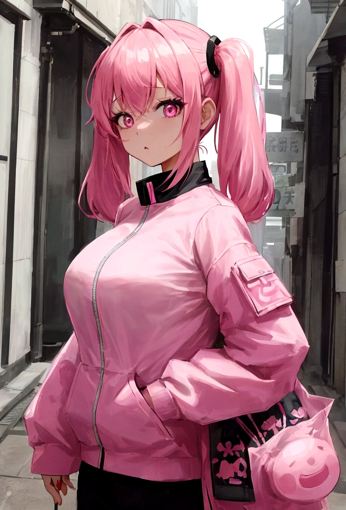 beautiful Asian girl wearing a pink bomber jacket and plain white t-shirt with black trousers. Her hair is pink in two pigtails and bangs, her eyes are a bit dark pink and her expression is sullen but also cute. her breasts are rather large and the background is a dark narrow alley
