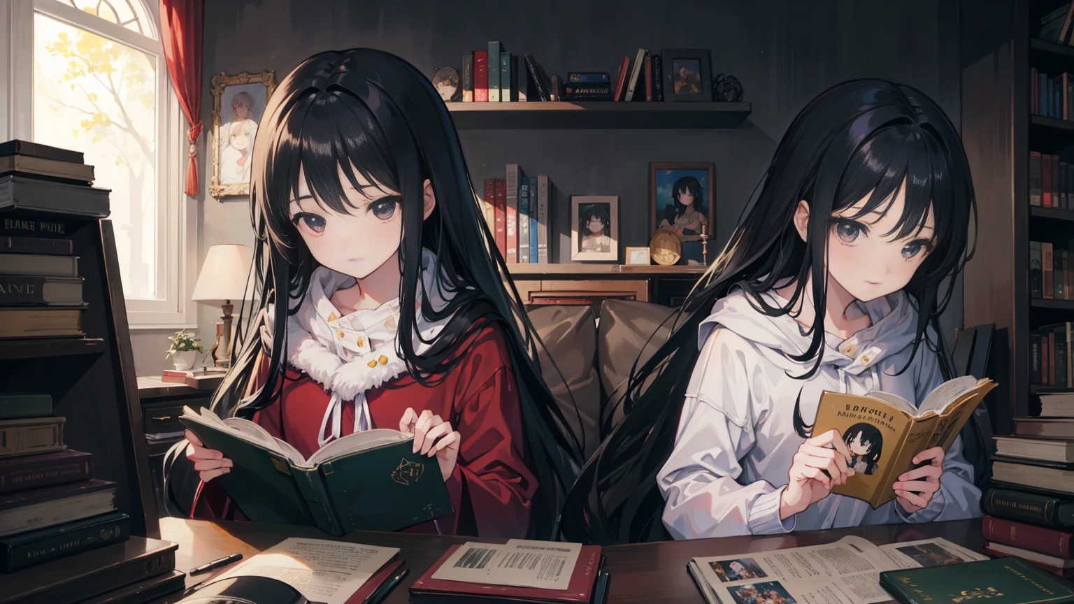 ((Beautiful)) ((masterpiece)) women, black hair, long hair, black eyes, Reading books, cozy room, night, 8k, ultra HD, LOFI background, ((anime style))