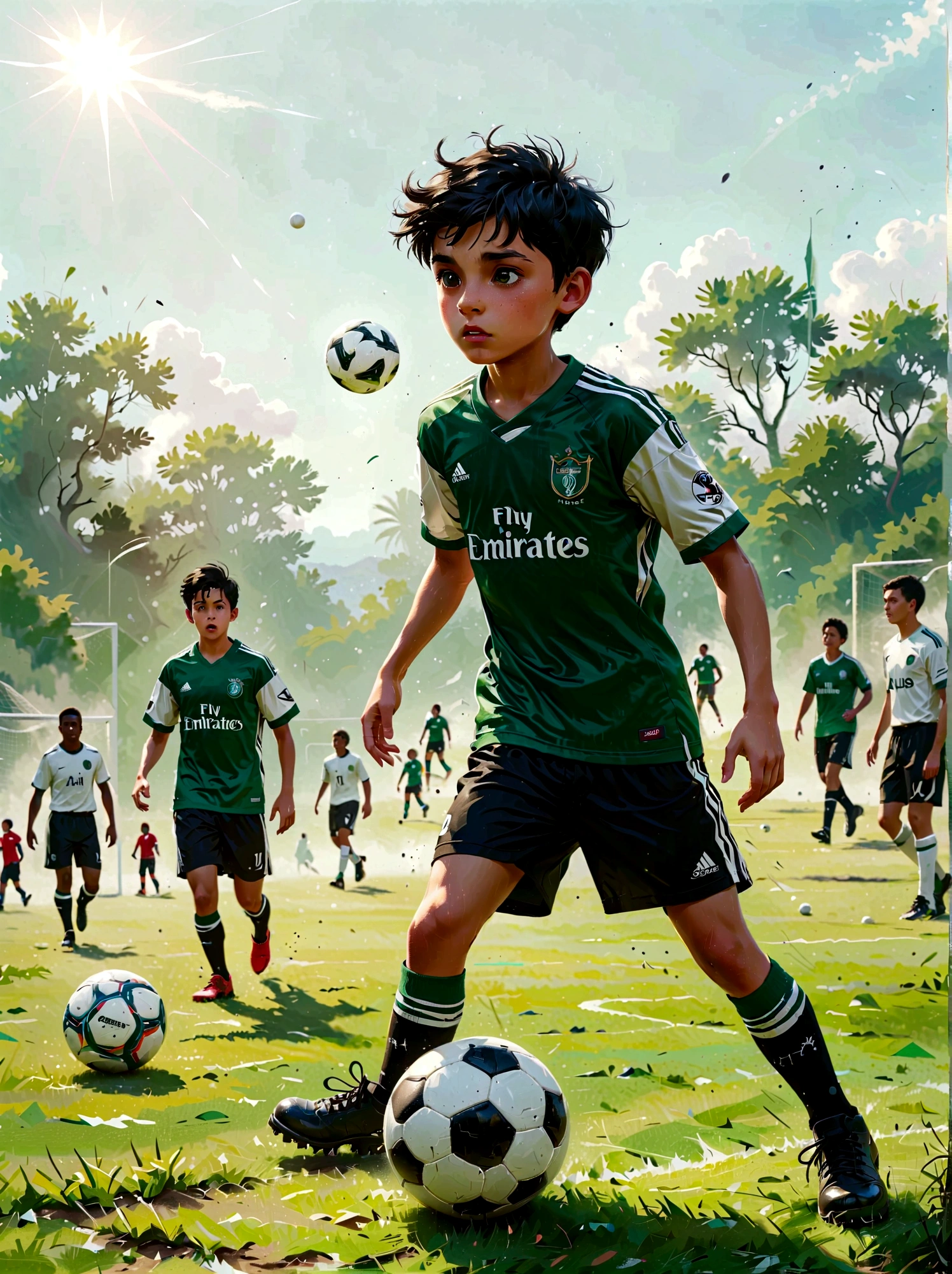 A young Hispanic boy with short black hair enthusiastically playing football. He's wearing a green and white jersey, black shorts, and football boots. His eyes are solely focused on the approaching ball, as he is about to kick it with all his might. His expressive face exhibits determination and passion for the game. The sunlit field in the background is vibrant with green grass, marking lines clearly visible. Players of multiple descents and genders are seen in the distance, preparing to engage in the play once the ball is in motion.