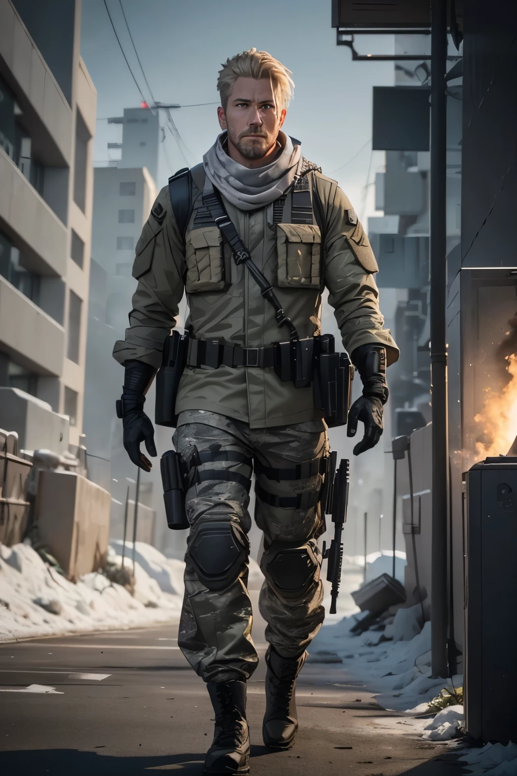 1 man, 35-year old, character of the game Cal of Duty Modern Warfire, wearing light grey jacket, (camouflage white scarf), armored vest, black half-gloves, blond hair, sneaky, unshaved, (free hands:1,2), (full length:1.3), warzone