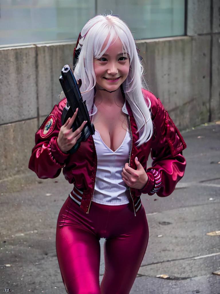 smile, Photo realistic, High resolution, detailed background, detailed beautiful skin, detailed nose, soft lighting, (solo shot:1.23), (holding a gun:1.3), closed shot, (breast focused:1.3), looking at viewer, (((nice hand, perfect hand))), clear eyes,// japanese lady, pale skin, (((cleavage))), mega breasts, 20 year old, // (((wearing red satin Bomber Jacket with satin leggings))), long white hair, street snap, ((facing viewer)), walking up to a front door in a suburban neighborhood, ((standing))