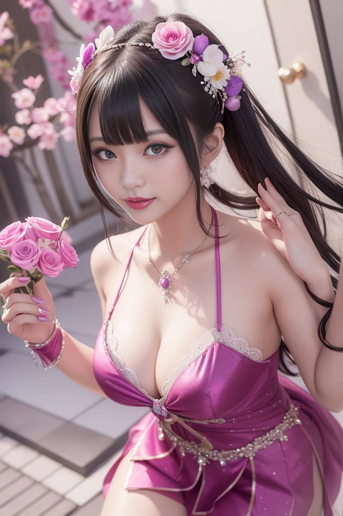 sexy Japanese model who controls poison、beautiful smile、lip-gloss、bold lipstick、long lasheetallic makeup、look at the camera、full body Esbian、、sparkling poisoned flower costume、、、、sparkling Colorful hair、secrete poison、skull hair accessories、sexy tights、shiny sparkling flowers background