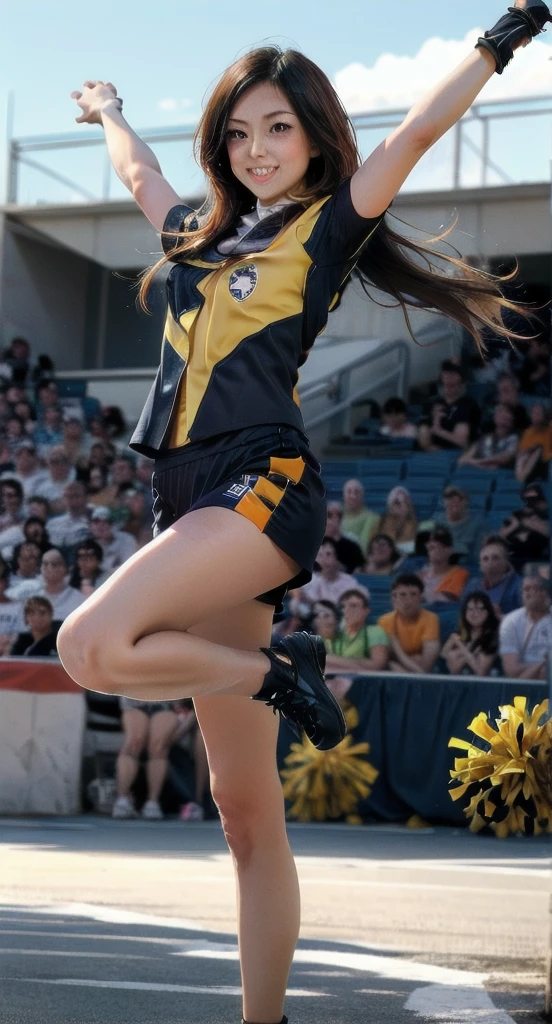 Very cute and beautiful cheerleader girl,(Very exquisite beautiful face and eyes:1.2),(Holding a pom-pom:1.2),(smile),High Kick、White panties are visible、
(Stadium Stands),Cowboy Shot,Dynamic pose,White panties,(Sleeveless orange shirt),Beautiful feet,Dynamic Angle,Black Hair,
(Highest quality,masterpiece:1.2),Intricate details,Very detailed,Super detailed,High resolution,View Viewer,
Natural light,Hair blowing in the wind,Beautifully detailed skies,