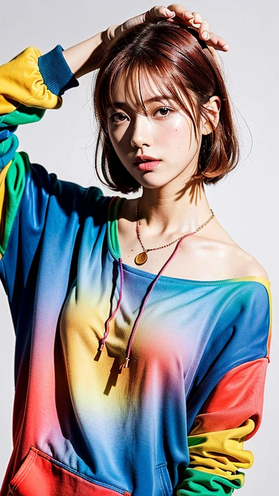 (Highest quality, 8K, 32k, masterpiece, Ultra-high resolution:1.2),Beautiful Japanese Women Photos, Rainbow clothes、Rainbow hoodie、Large Breasts, Very short bob hair,Red hair, necklace, Simple Background, From above, View your viewers,Red Hair、White background、