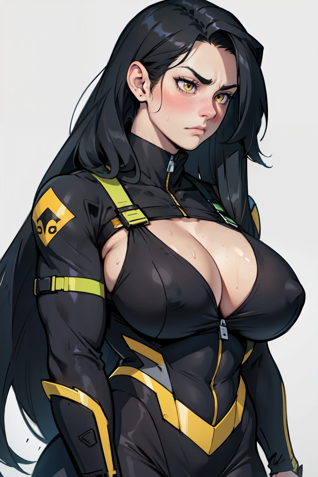 muscular black hair yellow eyes pale skin girl sad cleavage huge breasts blushing frown sweaty long straight hair long straight hair long straight hair long straight hair long straight hair