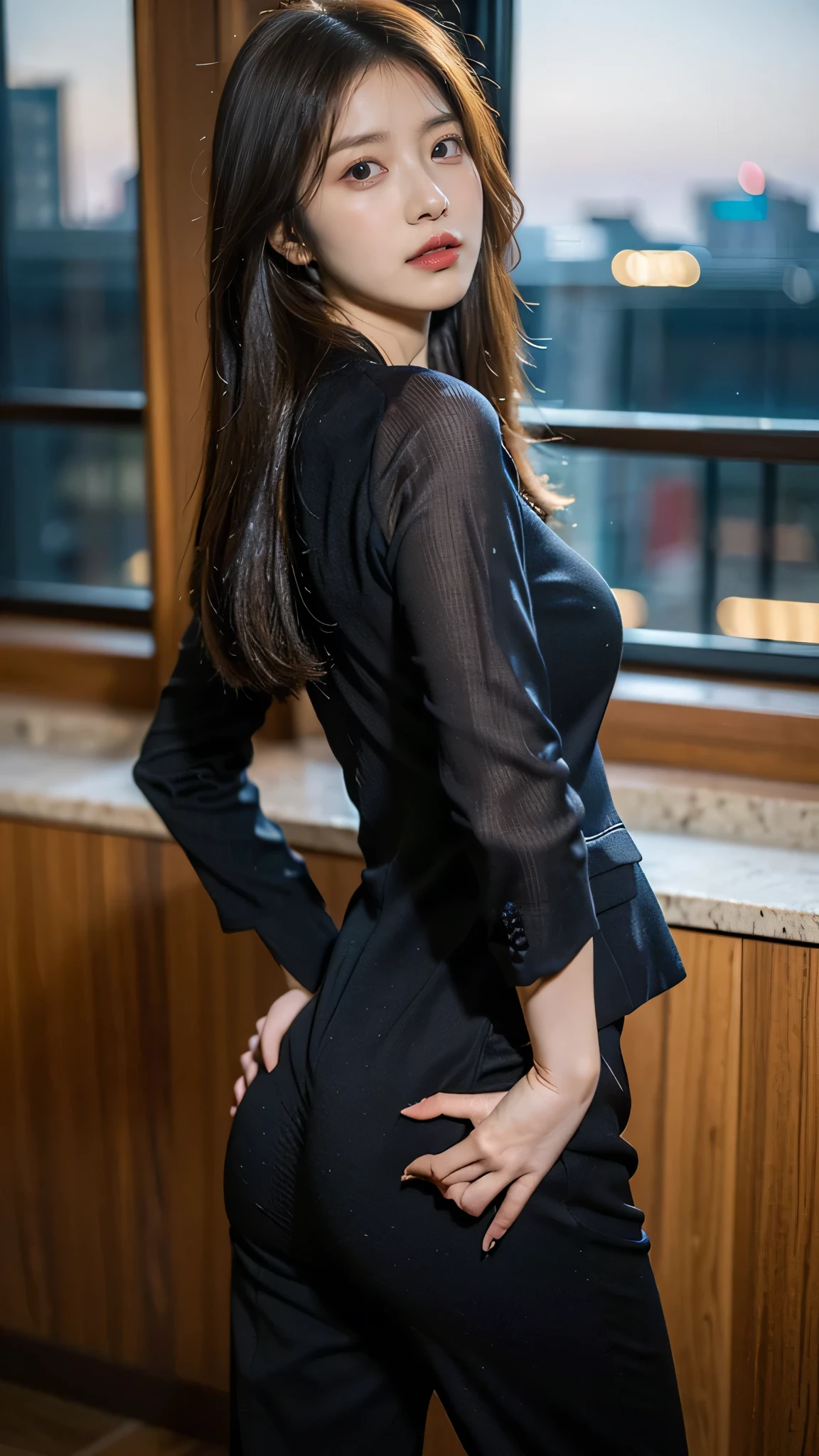 (8k, RAW photo graphy, highest quality, masterpiece:1.2), (realistic, photorealistic:1.37), super high res, one girl, cute, solo, viewer discretion, highest quality, masterpiece, 8k, droopy eyes, big tits, beautiful breasts, in room, arafed woman in suit posing in front of a window, tight suit, girl in suit, highly detailed face, highly detailed lips, narrow eyes, double eyelids, exquisite detail and subtle glow, shoot her in a pose that reflects both grace and confidence, utilize cinematic lighting to enhance visual effect. Incorporate modern 2D design for the background, creating a balanced and beautiful composition. Enhance the scene with elements such as depth of field, bloom effects, and a touch of sparkle, adding a dreamy texture to the overall image. Pay close attention to detail