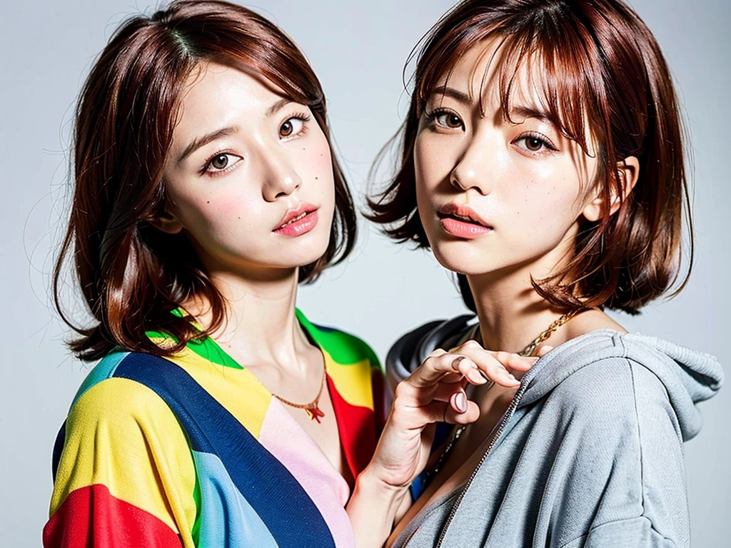 (Highest quality, 8K, 32k, masterpiece, Ultra-high resolution:1.2),Beautiful Japanese Women Photos, Rainbow clothes、Rainbow hoodie、Large Breasts, Very short bob hair,Red hair, necklace, Simple Background, From above, View your viewers,Red Hair、White background、