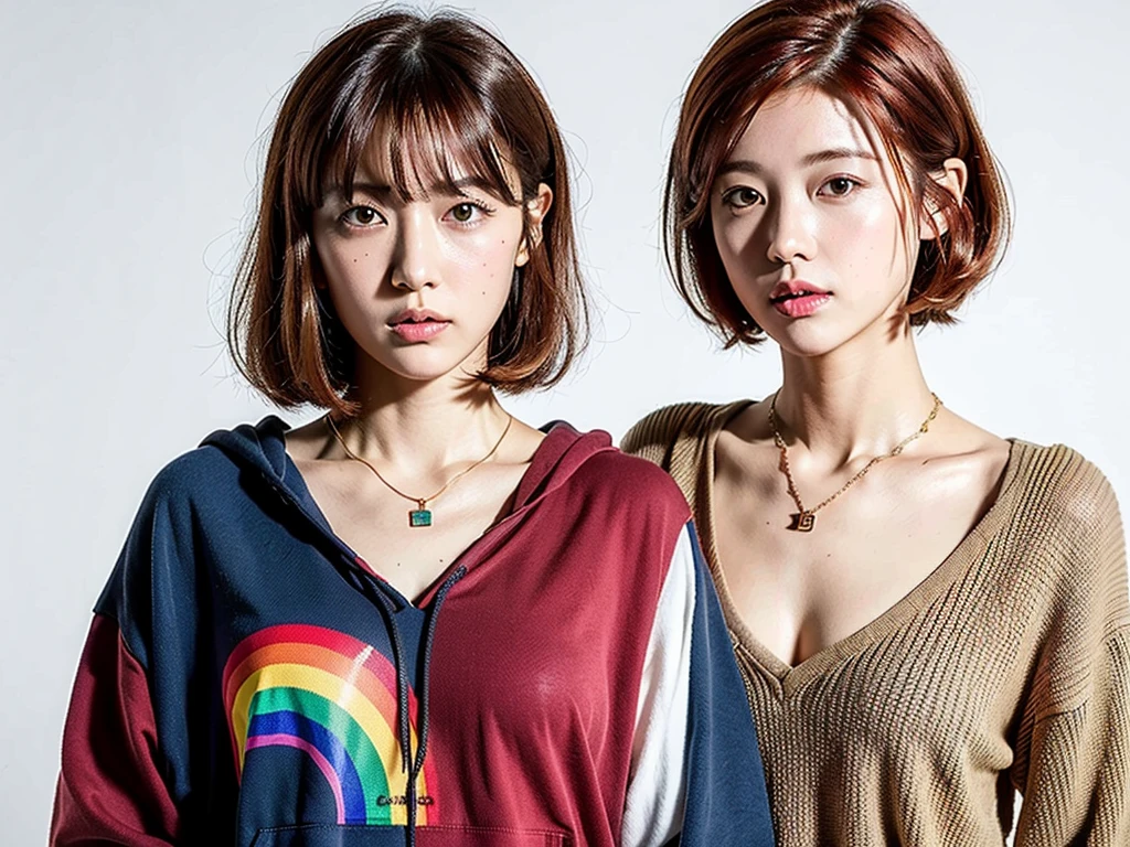 (Highest quality, 8K, 32k, masterpiece, Ultra-high resolution:1.2),Beautiful Japanese Women Photos, Rainbow clothes、Rainbow hoodie、Large Breasts, Very short bob hair,Red hair, necklace, Simple Background, From above, View your viewers,Red Hair、White background、