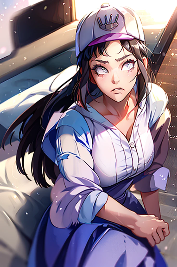 a trucker princess, wears a dress and a baseball cap, has an angry expression