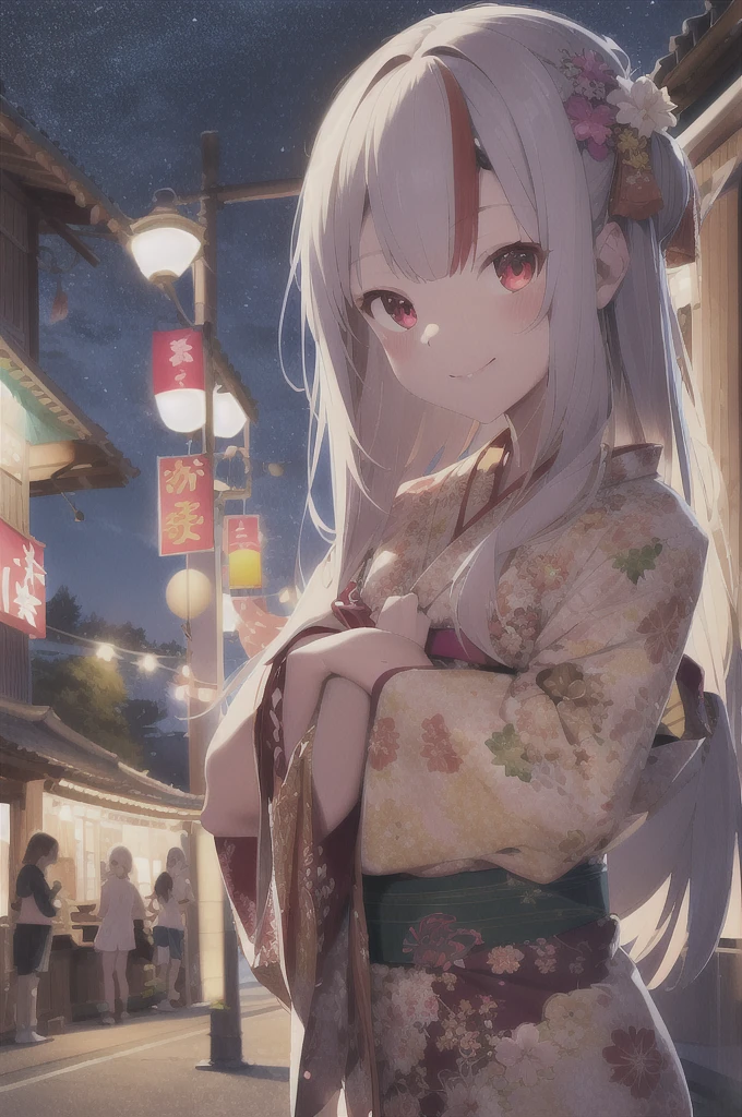 masterpiece, Highest quality, High resolution, Medium chest, yukata, kimono, Floral print, smile, Summer festival, night, Are standing, Outdoor, Nakiri Ayame、 oni Horn、multicolor hair、 long hair、 red eyes、 white hair、Bamboo leaf、Strip