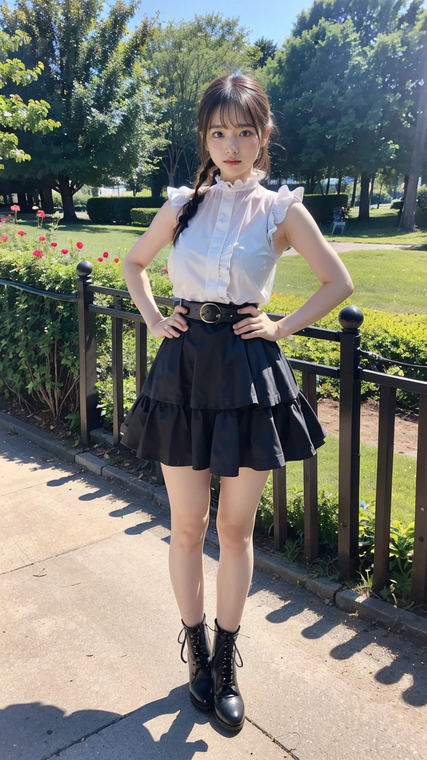 (8K、RAW Photos、Highest quality、masterpiece:1.2)、(Realistic、Realistic)、1 Girl、((mini skirt、See-through、Frills、Sleeveless、black、Thin legs、whole body、boots、one piece、garden、View from the front、Looking into the camera、belt、Stand with hands on hips))、cute