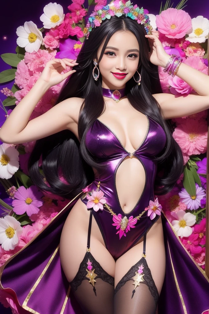 sexy Caribbean model who controls poison、beautiful smile、lip-gloss、bold lipstick、long lasheetallic makeup、look at the camera、full body Esbian、、sparkling poisoned flower costume、、、、sparkling Colorful hair、secrete poison、skull hair accessories、sexy tights、shiny sparkling flowers background