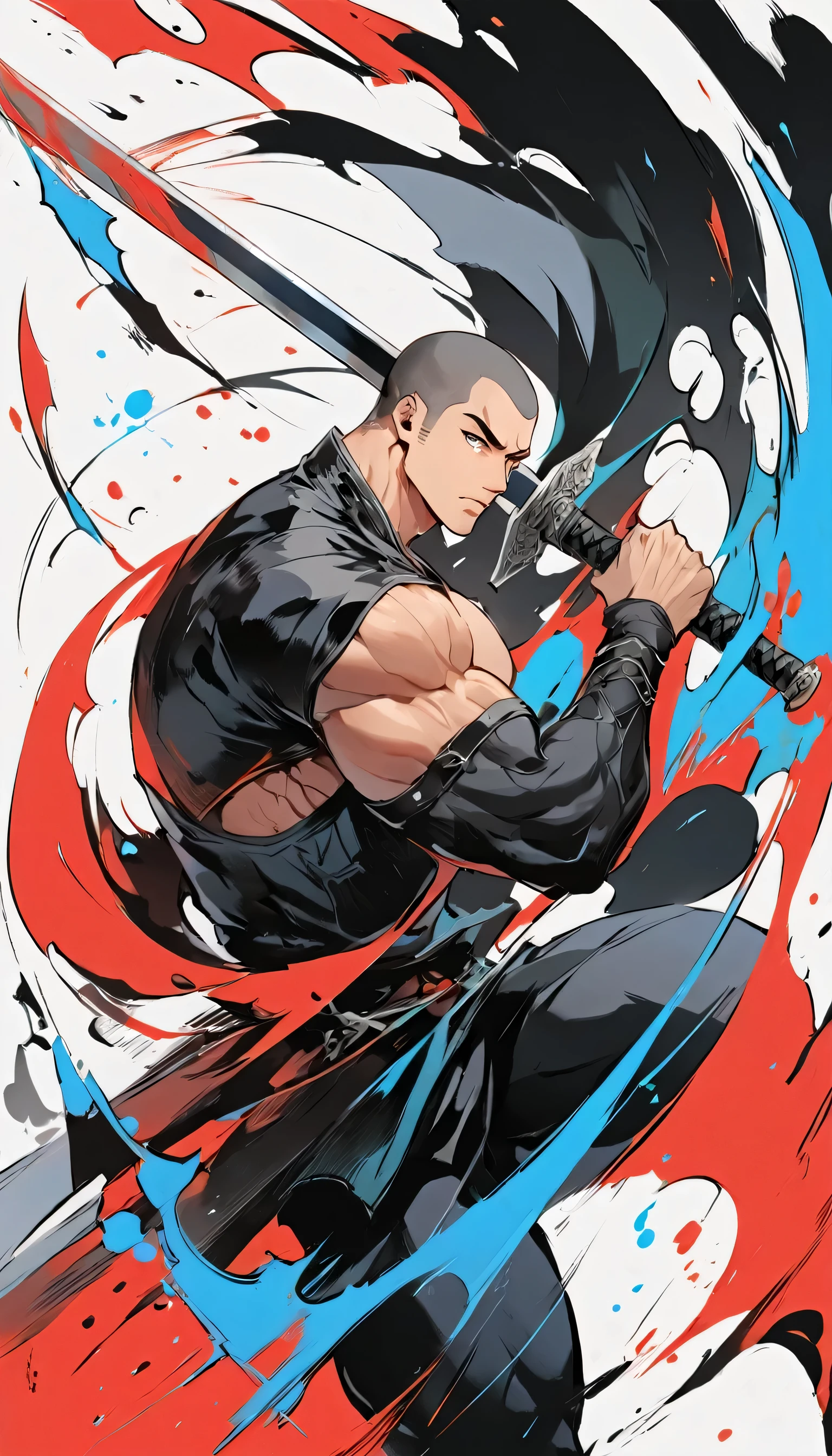 Chinese swordsman,Male swordsman,muscular,Short curly hair,Buzz Cut,Cover your eyes with a black cloth,Explosive muscles,Black spandex tights,Handsome,perfect pupils,Simple lines,Abstract Art,Holding a red long sword,