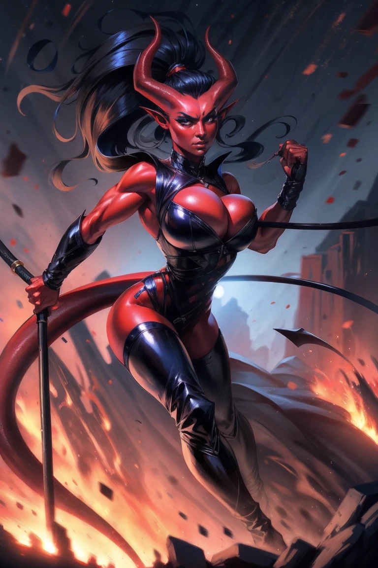 Red skin succubus tiefling, medium breasts, black horns, wings, huge tail, black leather, tall, toned, graceful, thin, long black ponytail. Action scene, whip. Dark scene, explosions, night sky.