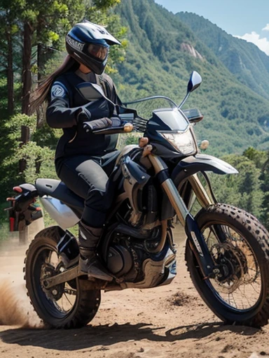 best quality, detailed, beautiful, insanely detailed, absurdres,perfect , Japanese woman,black hair,27 years old, (slender), (small ), full body shot, (Big jump scene with an off-road motorcycle:1.3), (View from below:1.3)