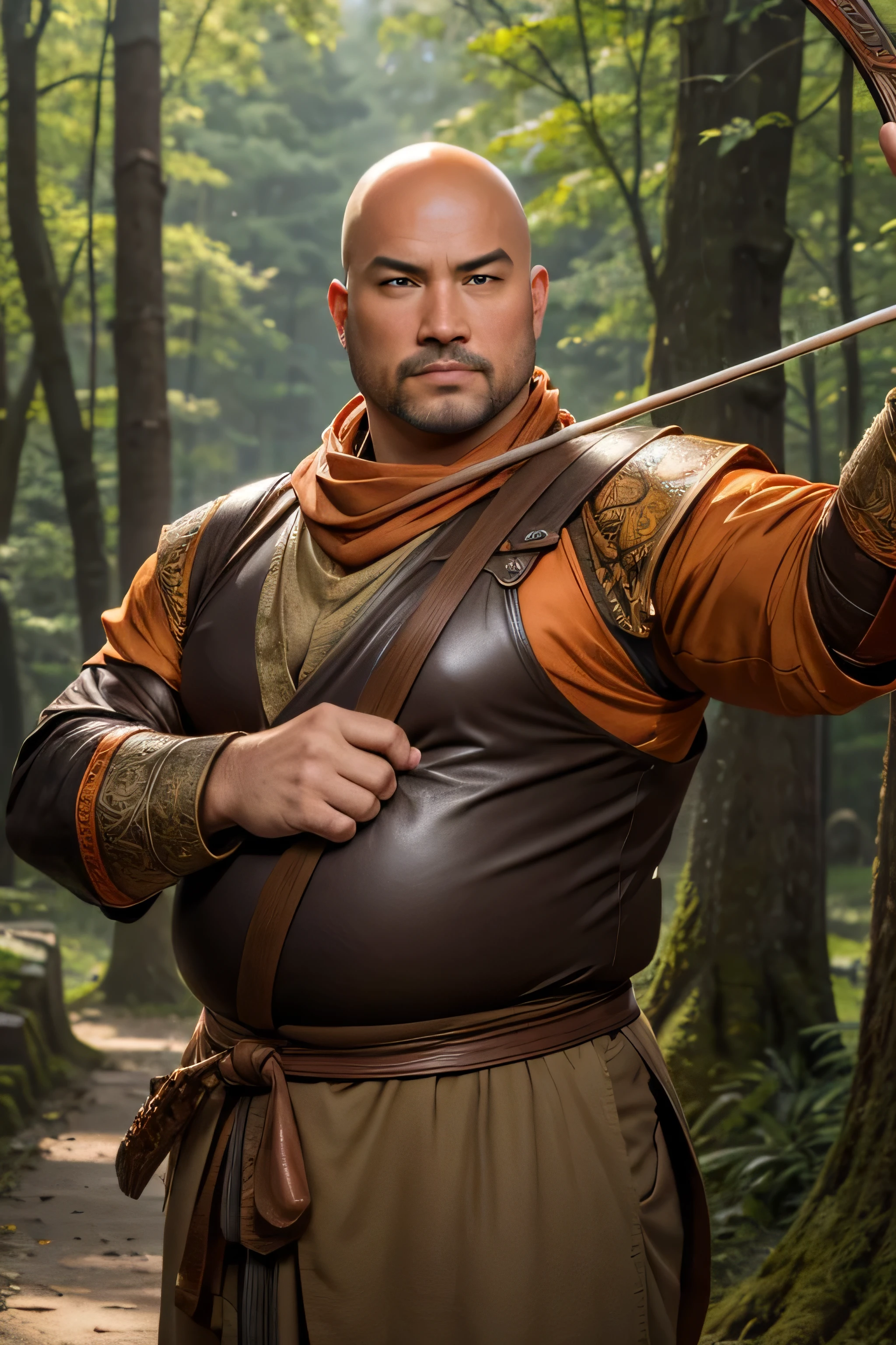 (8K, high definition, high quality, highly detailed) Handsome bald Asian daddy. chubby archer. big tummy. medieval clothes. wearing a green long- sleeved shirt. wearing a brown leather armor. wearing a brown pants. wearing a long orange shawl. aiming with a bow and arrow. forest background. blurred background.