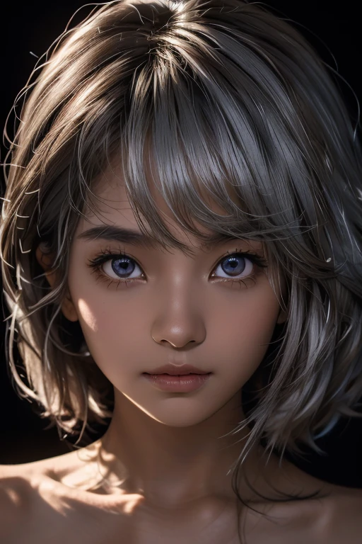 One girl,Brown Skin,Silver Hair,whole body,Perfect Face,Brilliant Eye,Bright eyes,Dark except for the face,darkness,Shadow,Only glowing eyes