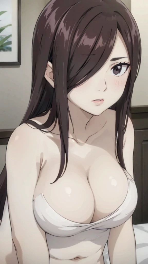 Cute ,busty mature women, chubby cheek,plump, chubby, fat,realistic skin,realistic ??????, saggy ??????, ?????? out,muted colours, cold lighting, pale white skin, mature women,black hair, long hair, (hair over one eye:1.4), Messy hair,straight hair,hair between eyes ,sleepy eyes ,beautiful,pucker lips,smeared lipstick,charm,pubic hair ?????,dense pubic hair, cute shy blush on 