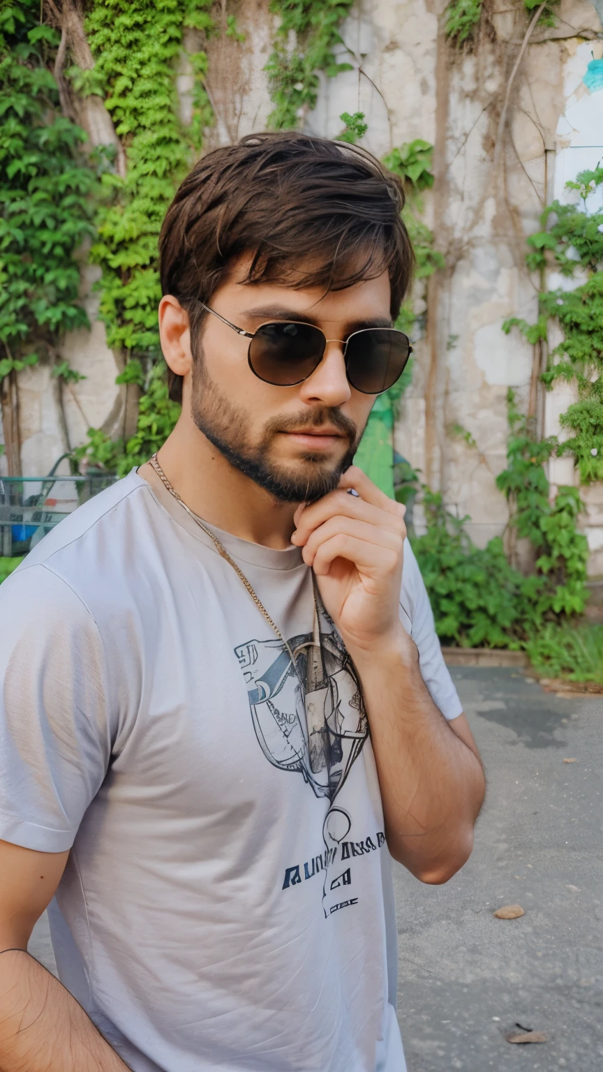 Futuristic background and realistic face with beard and sunglasses 