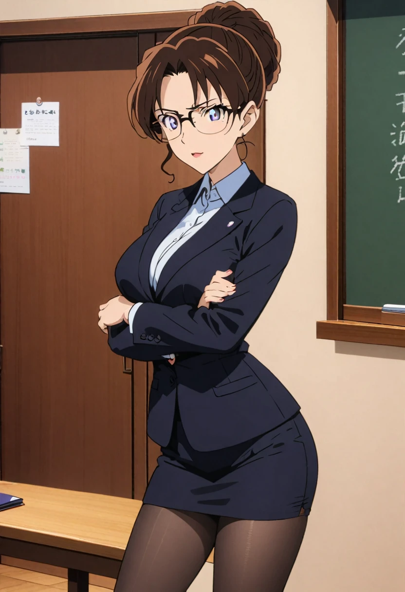 A beautiful female teacher in a suit standing in a room, a blackboard on the wall behind her, beautiful teacher, wearing glasses, sexy, long black stockings, 8k, anime style