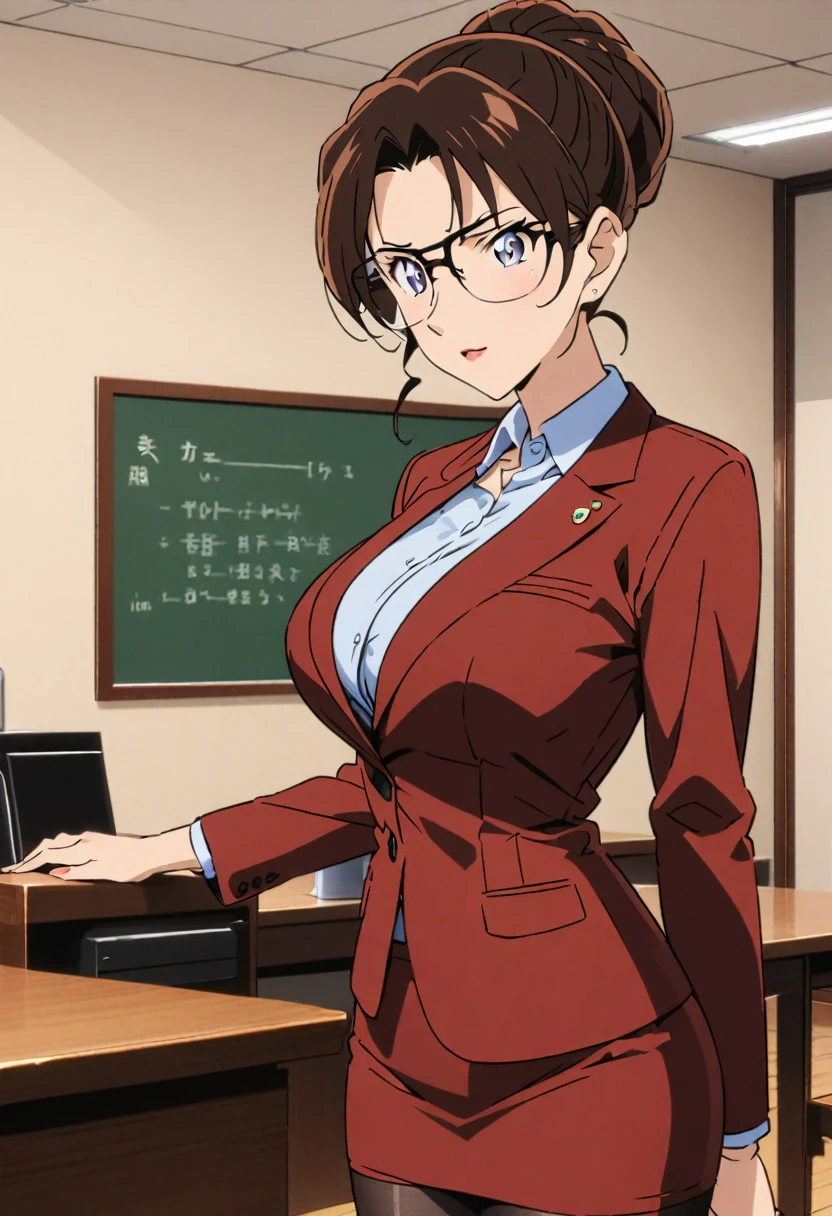 A beautiful female teacher in a suit standing in a room, a blackboard on the wall behind her, beautiful teacher, wearing glasses, sexy, long black stockings, 8k, anime style